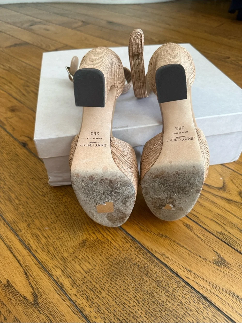 Jimmy Choo Tan Raffia Platform Heels with Ankle Strap